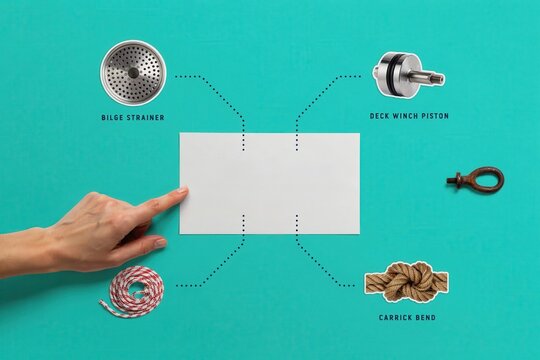 A hand pointing to a white rectangle with various objects around it on a teal background with blue strainer, bee wrench pliers, and copper pipe