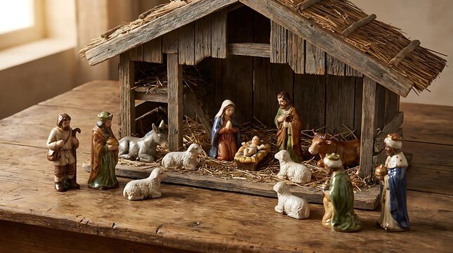 Handcrafted nativity scene with figures and animals on wooden surface