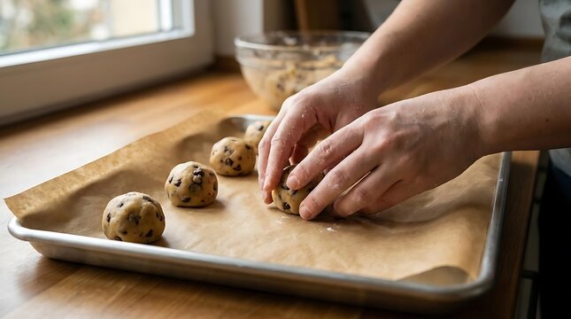 Hands shaping dough balls for baking on wooden tray
