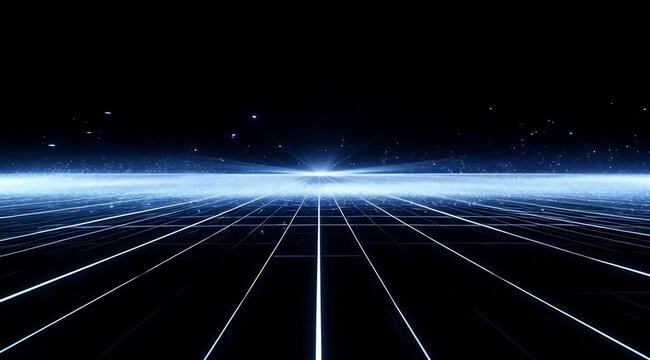Futuristic digital grid perspective with blue light particles and motion blur, ideal for data flow, cyber space, and virtual reality backgrounds