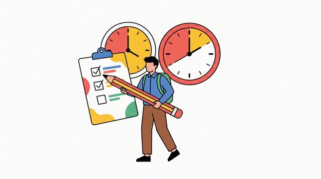 Entrepreneurship Tips concept. Man holding pencil with checklist and two clocks showing time management concept