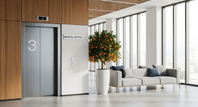Modern office lobby with elevator and large potted plant.