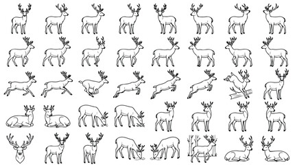Minimalist deer line art collection, 40 hand drawn stag and buck icons, black and white forest animal vector set for rustic branding and logos © Shahzad