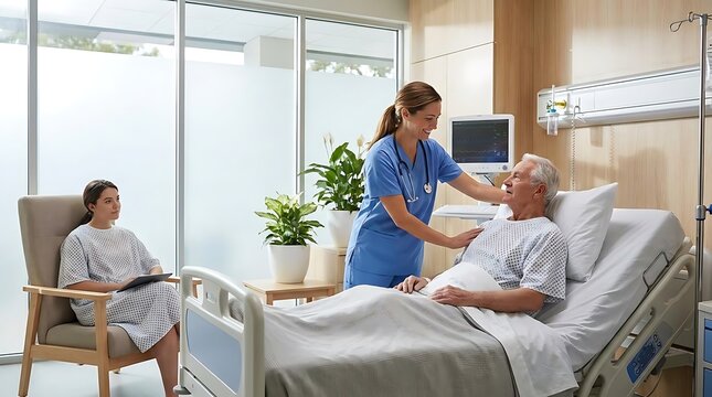 Healthcare worker providing care to elderly patient in hospital room