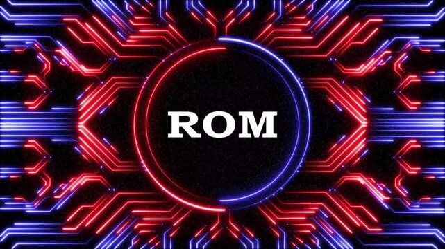 Digital circuit board animation with glowing neon blue lines and ROM text.