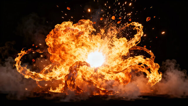Dynamic fire explosion with swirling flames and smoke particles on black background