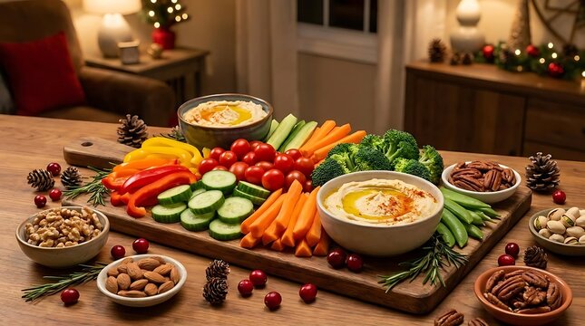 Holiday vegetable platter with dip and nuts on wooden board