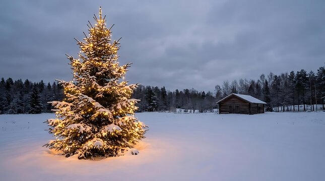 Illuminated evergreen tree in snowy winter landscape