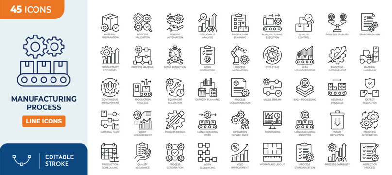 manufacturing process line editable icon set. Contain icons related to manufacturing, process, production, assembly, automation, operation, workflow, and more. Editable stroke. Vector illustration
