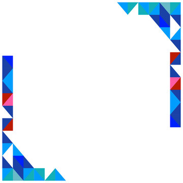 Isolated border frame PNG featuring abstract geometric mosaic triangles in blue and red tones for modern decorative corner design. Transparent PNG Illustration