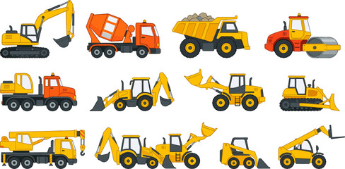 Heavy Construction Machinery and Industrial Vehicles Vector Icon Set Featuring Excavator Concrete Mixer Dump Truck Road Roller Backhoe Bulldozer Crane and Forklift © MdMostakin