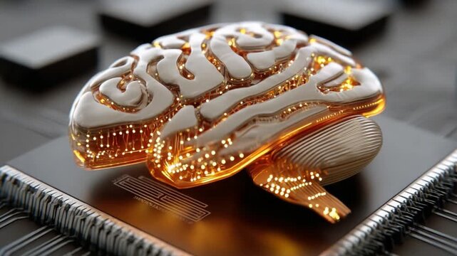 Artificial Intelligence Brain on Circuit Board: A metallic, intricately designed brain model rests atop a circuit board, symbolizing the fusion of human intellect and advanced technology.