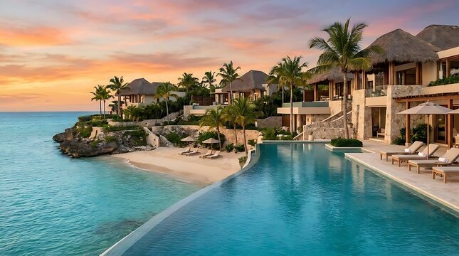 Luxury resort infinity pool overlooking ocean at sunset