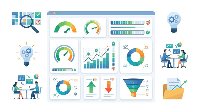 Business professionals analyze data on computer screen with graphs and charts