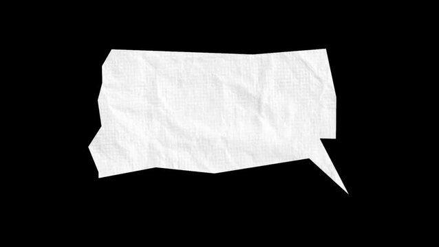 Stop motion animation of a crumpled white paper speech bubble with torn edges on a black background
