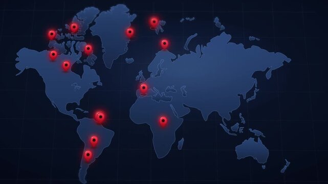 Global network map with glowing red location pins appearing worldwide to mark international business reach