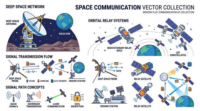 Satellites orbiting Earth transmit signals through digital relay systems in space.