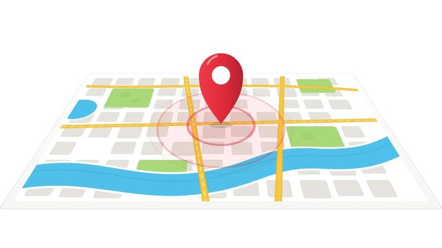 Isometric city map navigation with red GPS location pin dropping and pulsing to mark a specific destination