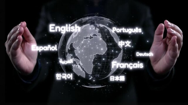 Hands surround a glowing digital globe showcasing various languages, symbolizing global communication and the importance of cultural diversity in the modern world. Qubit