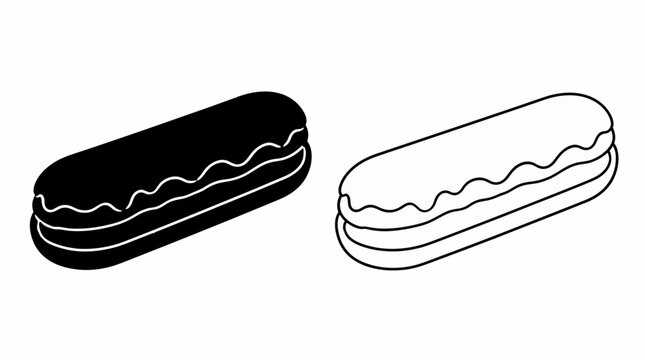 Eclair pastry icon set, black and white dessert outline