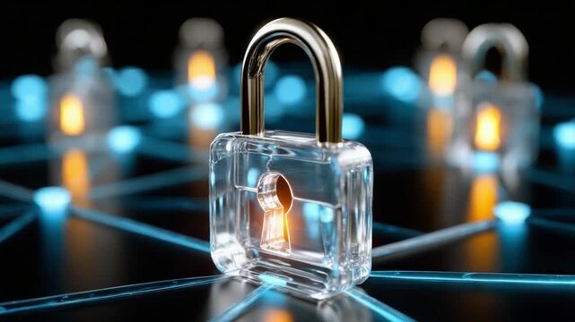 Secure Future: A crystal clear padlock symbolizes digital security and protection, with glowing nodes and connections hinting at a vast network of data.
