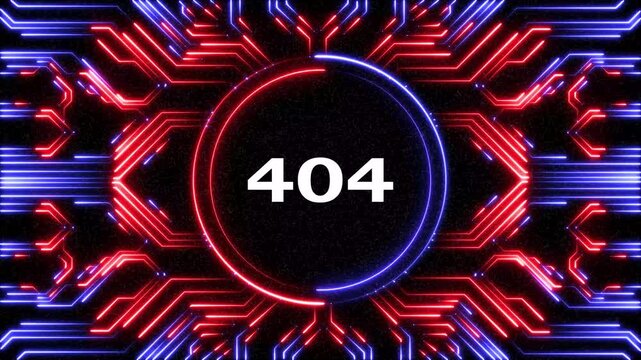Futuristic digital error message 404 appearing on blue circuit board motion.