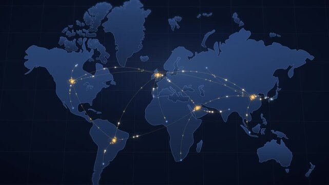 Global telecommunication network map with glowing nodes and connecting lines transmitting data worldwide