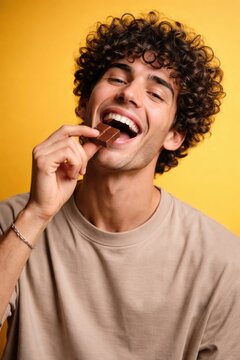 Joyful man enjoying chocolate delight.