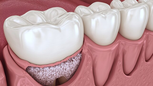 3D Render of Dental Implants or Bone Grafting Process Showing Granular Filling Material in Tooth Root