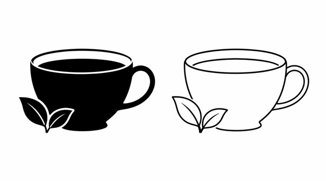 Tea cup with mint leaves, black and white icon design