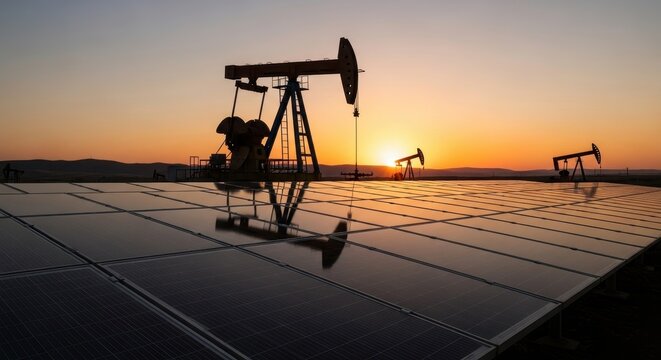 Oil pump jacks silhouetted against sunset over solar panels.
