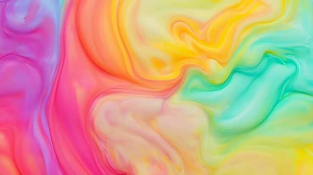 Abstract colorful fluid motion with swirling patterns of pink, yellow, blue, and green