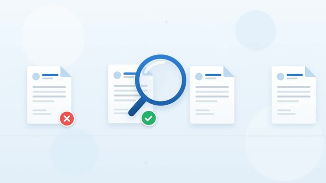 Quality control audit process with magnifying glass reviewing digital documents for approval and rejection