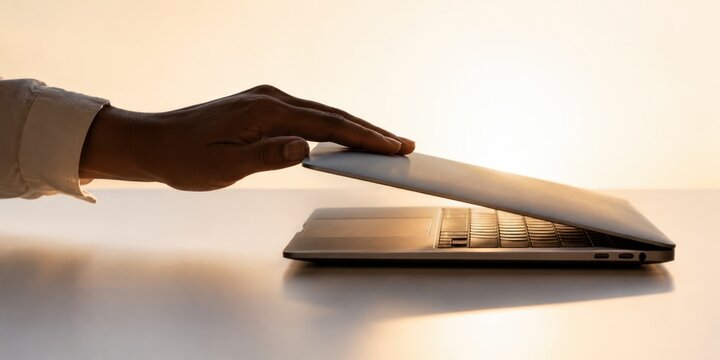 Close up of business hand gently closing laptop at sunset