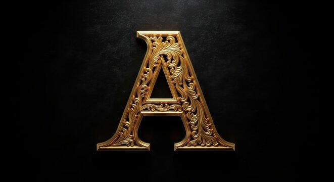 Ornate Golden Letter A with Intricate Design on Dark Background.