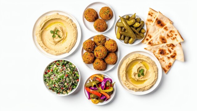 Hummus bowls served with crispy falafel, pickled vegetables, and warm flatbread create a vibrant Mediterranean feast perfect for sharing at a social gathering.