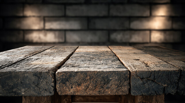 A rustic wooden tabletop against a textured brick wall, ideal for showcasing various elements in photography.