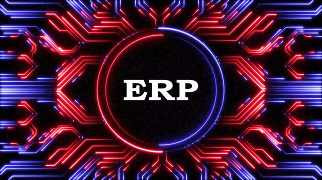Erp word displayed inside bright digital glowing circular frame tech background.