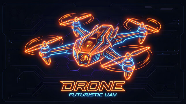 Futuristic drone quadcopter featuring glowing neon orange and blue lights