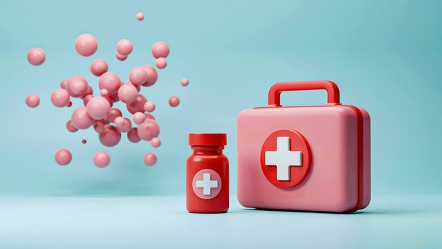 First aid kit with medicine bottle and healthcare concept illustration