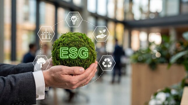 Hands holding green moss ball with ESG text and sustainability icons renewable energy recycling tree light bulb environment social governance responsibility concept for eco frie...