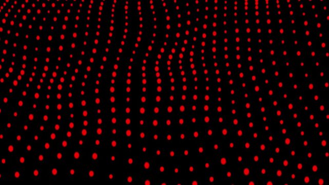 Abstract motion background of red glowing dots forming a wavy digital grid surface an featuring a flowing of luminous circles moving