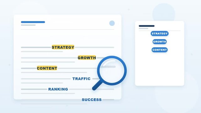 Search engine optimization strategy analysis with magnifying glass extracting digital marketing keywords