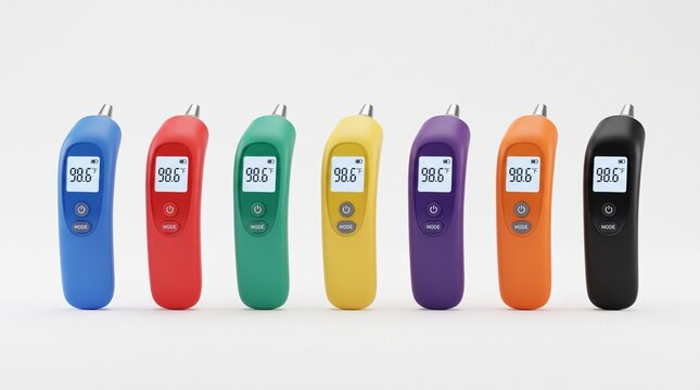 A set of colorful digital infrared forehead thermometers designed for quick and hygienic body temperature measurement in various settings