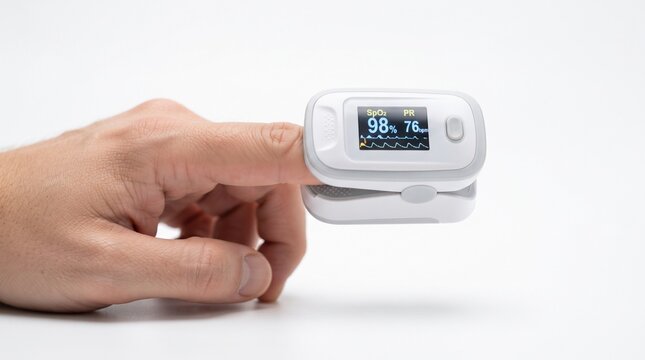 Close-up shot of a pulse oximeter clipped onto a person's finger, displaying oxygen saturation and pulse rate readings on its digital screen