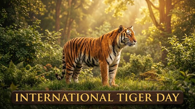 A tiger standing in a lush green forest with golden sunlight filtering through the trees and the text international tiger day displayed on a wooden sign at the bottom of the frame