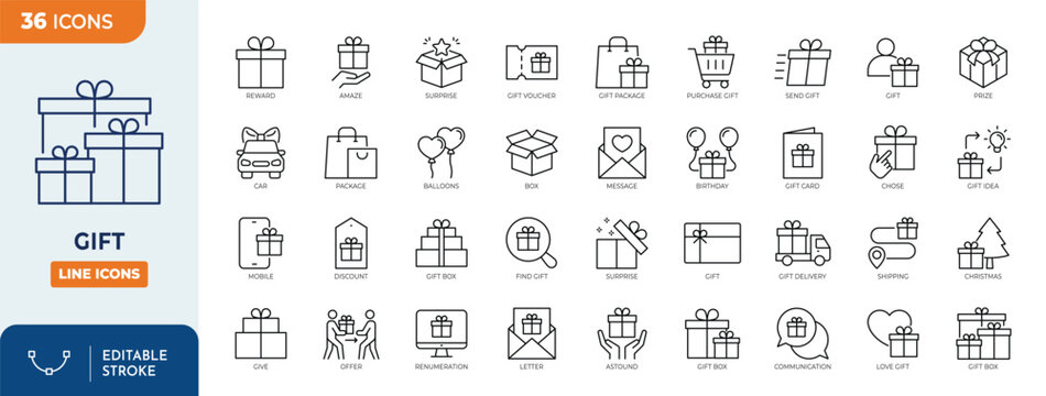 Gift line editable icon set. Containing gift, surprise, award, offer, birthday, bonus, Christmas, discount and more. Editable stroke. Vector illustration