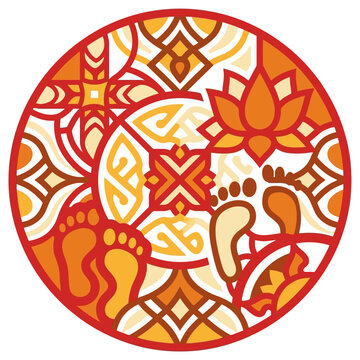 Traditional Indian Diwali rangoli design with lotus and footprints