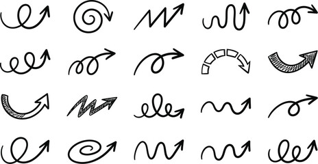 Obraz premium Black hand drawn arrow doodles collection with diverse shapes and sketch styles for pointing navigation and decorative design elements bundle.
