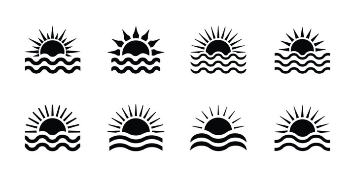 Sun and wave vector icon collection, abstract sunset symbols, sea and ocean landscape graphics, summer beach horizon elements, tropical nature emblems modern flat vector illustration design for travel
